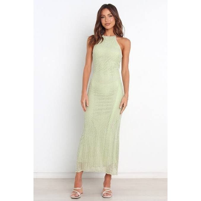 Petal & Pup Crochet Maxi Dress Sz 6 Halter Green Beach Boho Open Knit Coastal